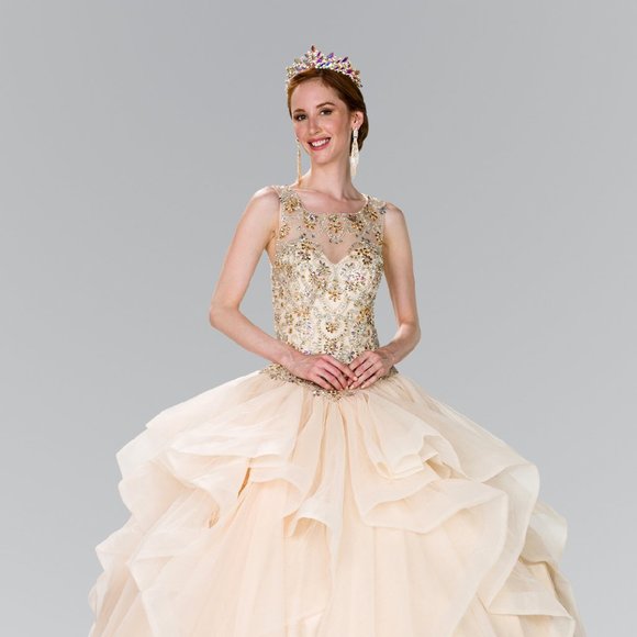 NEW FLOOR LENGTH SLEEVELESS TULLE BALL GOWN EMBROIDERED WITH RHINESTONES GL2378 - Picture 1 of 12